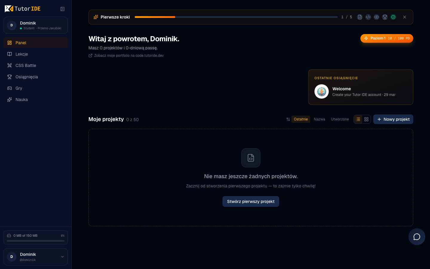 Dashboard ucznia po pierwszym zalogowaniu — pasek postępu, poziom i XP, lista projektów