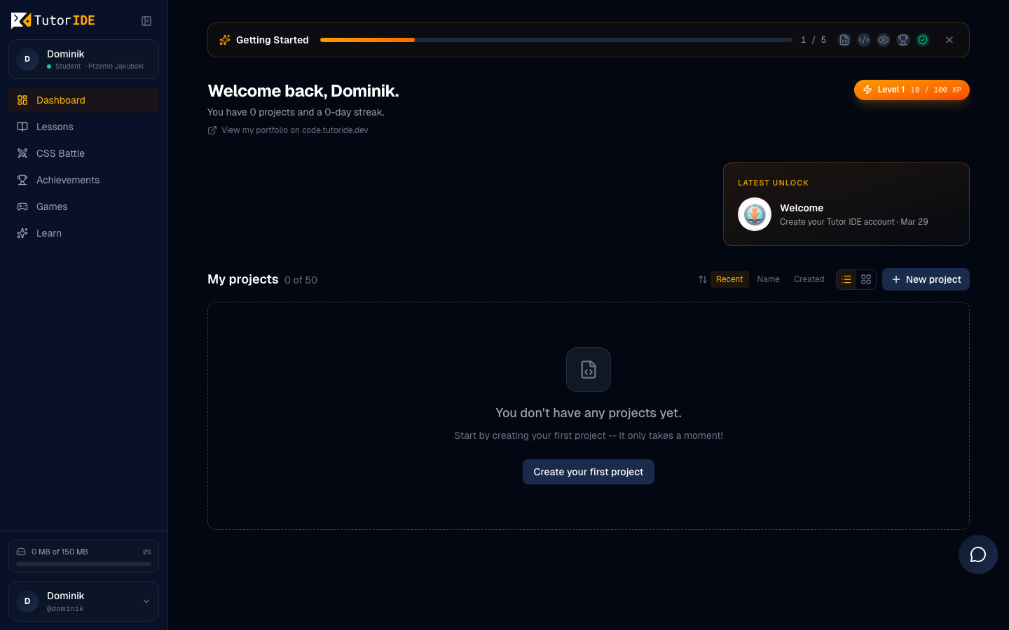 Dashboard del alumno tras el primer inicio de sesión — barra de progreso Getting Started, nivel y XP, lista de proyectos